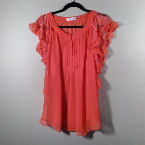 Mak B Lace Sheer Flutter Sleeve Pintucked Blouse - Picture 1 of 11